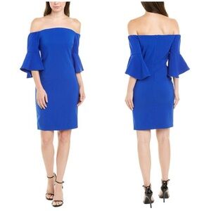 LAUNDRY Shelli Segal Off The Shoulder Bell‎ Sleeve Core Dress in Cobalt Blue 8